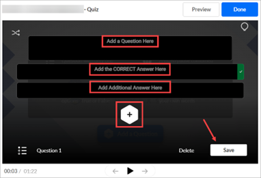 Question input options: adding a question, adding the correct and additional answers, along with an arrow pointing to the save button.