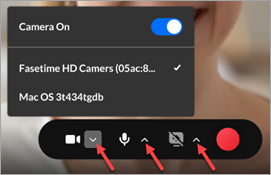 Express Capture recording features. Arrows next to webcam, audio device, and screen recording icons are highlighted.